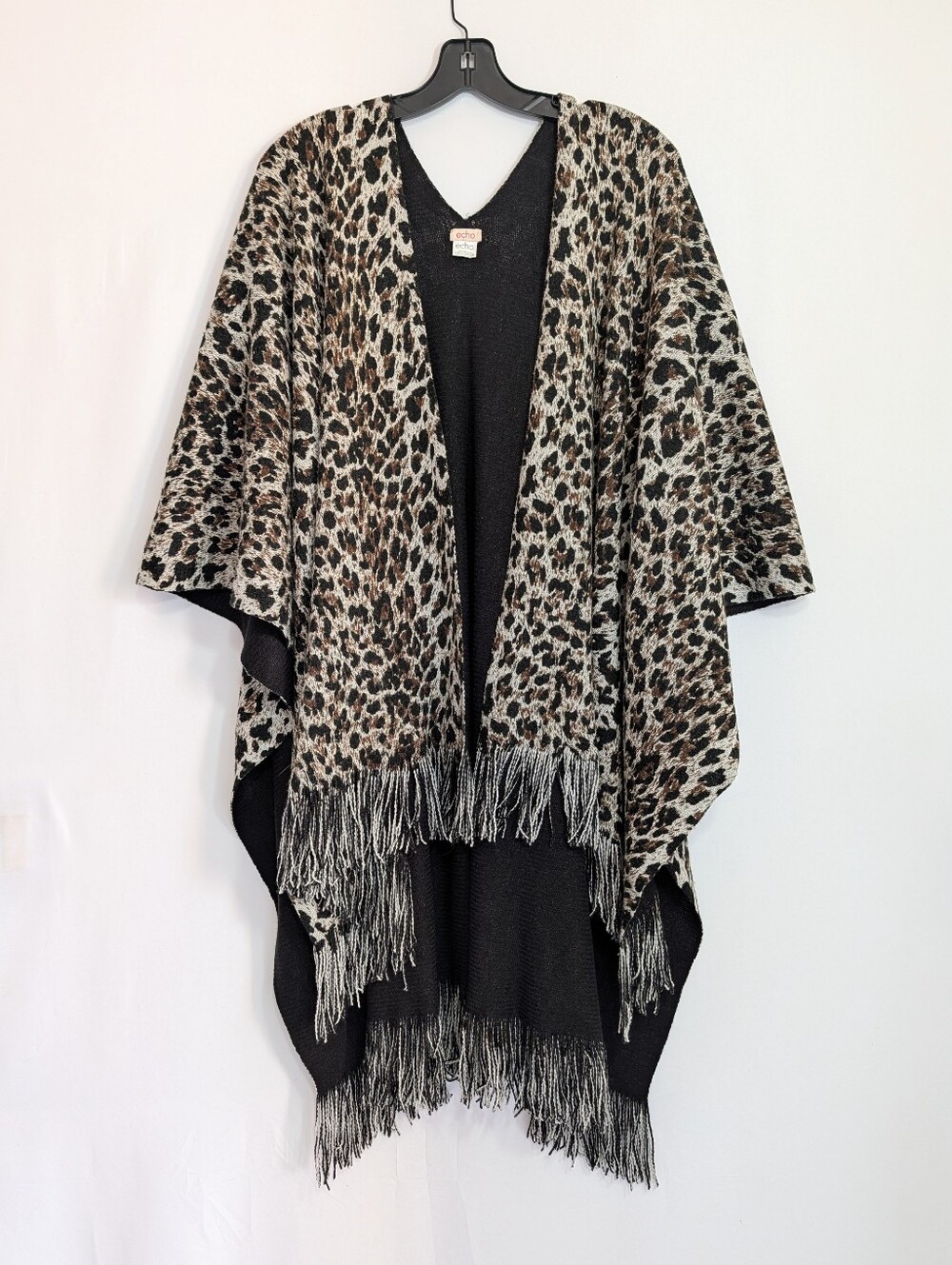 Echo Leopard Print Fringe Ruana Poncho Wrap Shawl One Size Soft Fuzzy